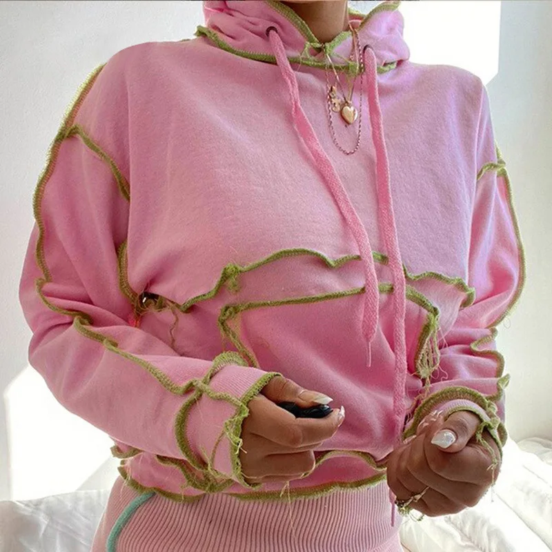 

punk hoodies Tight Edge Against Color Line Drawstring Hat with Pocket Fashion Trend Hoodie Personality Casual Jacket goth tops