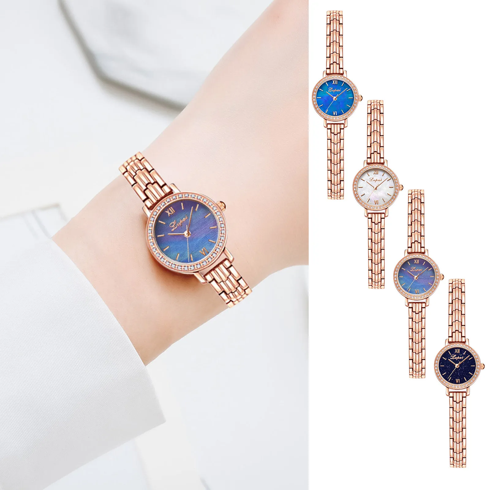 

Rose Gold Women Watch 2021 Crystal Rhinestone Watches Simple Vintage Small Dial Watch Sweet Stainless Steel Quartz Wrist Watch