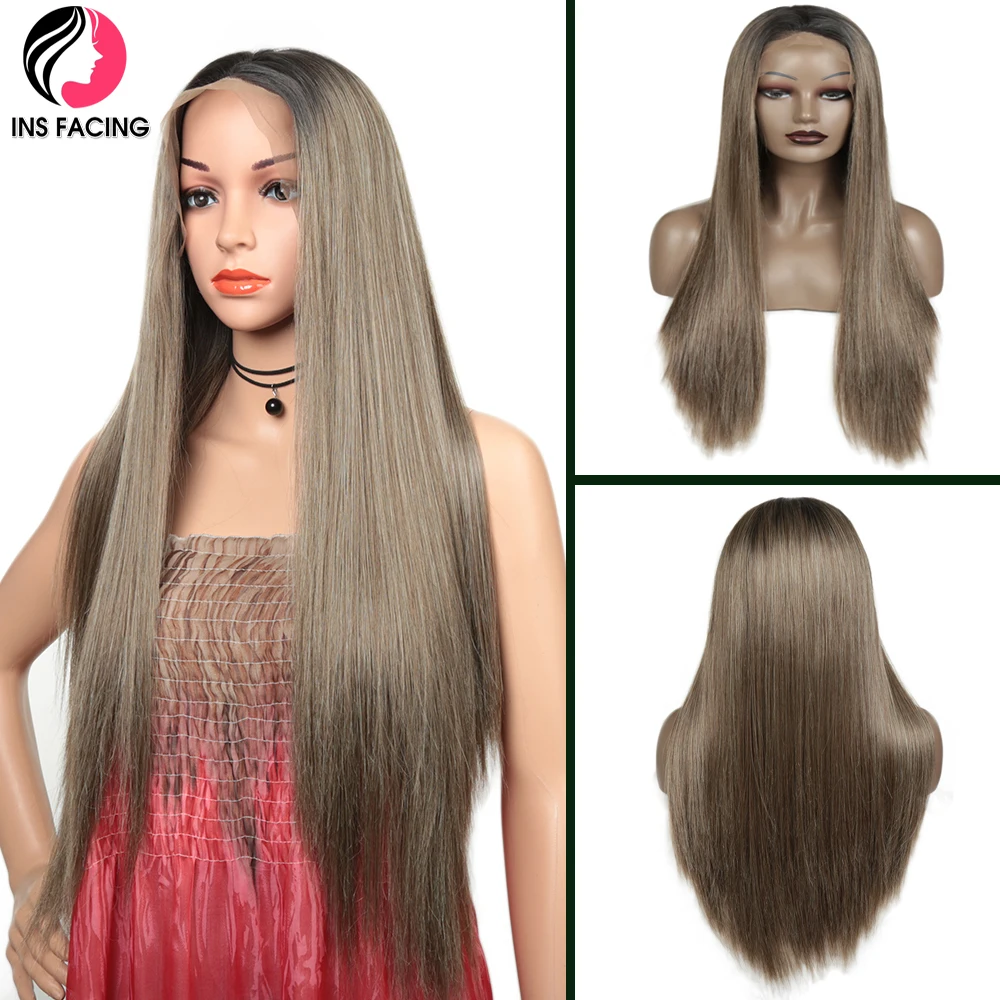 

INS лицо длинные прямые кружевные передние парики синтетические волосы 30 дюймов серовато-коричневые парики модные мягкие светильник кие пар...