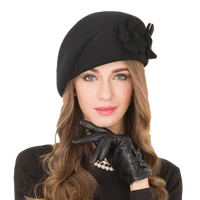 female 100 wool flower black fedora hat england style vintage winter women felt french beret hats bone feminino