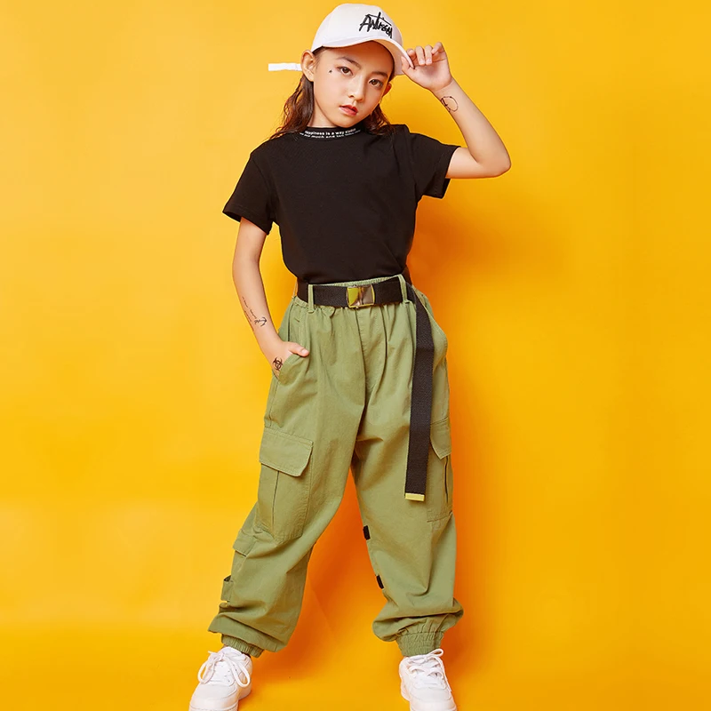 Children Jazz Dance Costumes Kids Black Tops Green Pants Outfit Hip Hop Clothing For Girls Street Dance Performance Wear SL1972