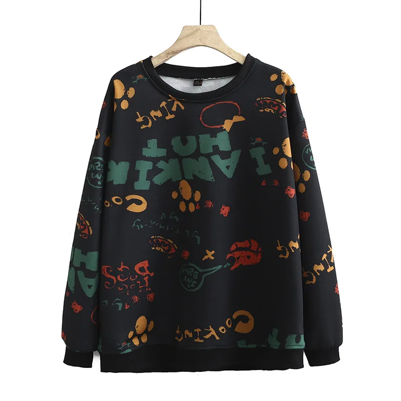 

Plus Size XL-4XL Beige Black Women Hoodies Large Size Cute Printed Pullovers Casual Sweatshirts