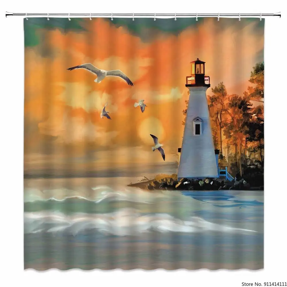 

retro Beautiful scenery Shower Curtainset Hooks Included Vintage sunnet Bathroom shower curtain Waterproof Durable Polyester