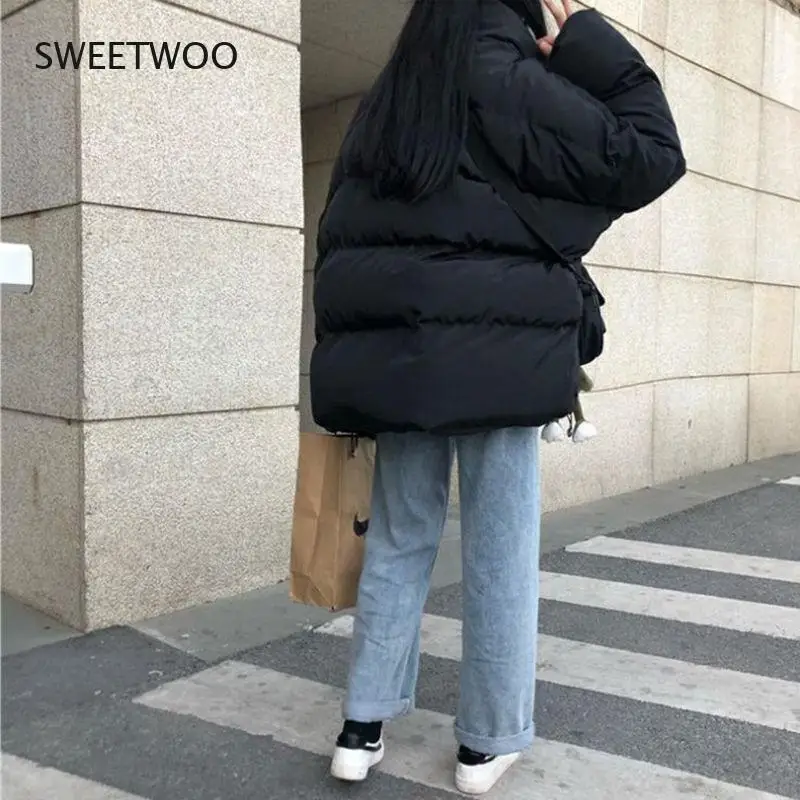 Winter Jacket Women Short Korean Loose Bread 2021 New Loose Solid Black Warm Streetwear Fashion Concealed Buckle Bubble Coat