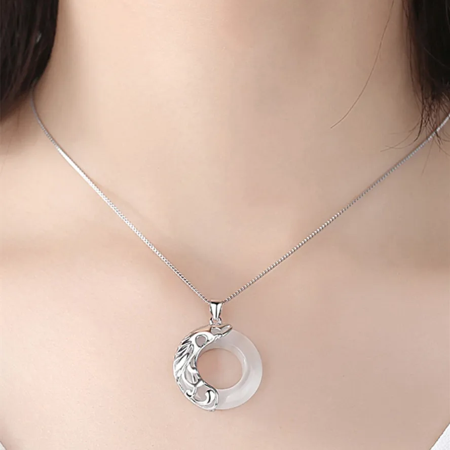 

100% S925 Sterling Silver Ethnic Dragon And Phoenix Inlaid Round Jade And Obsidian Couple Necklace Holiday Jewelry Gift