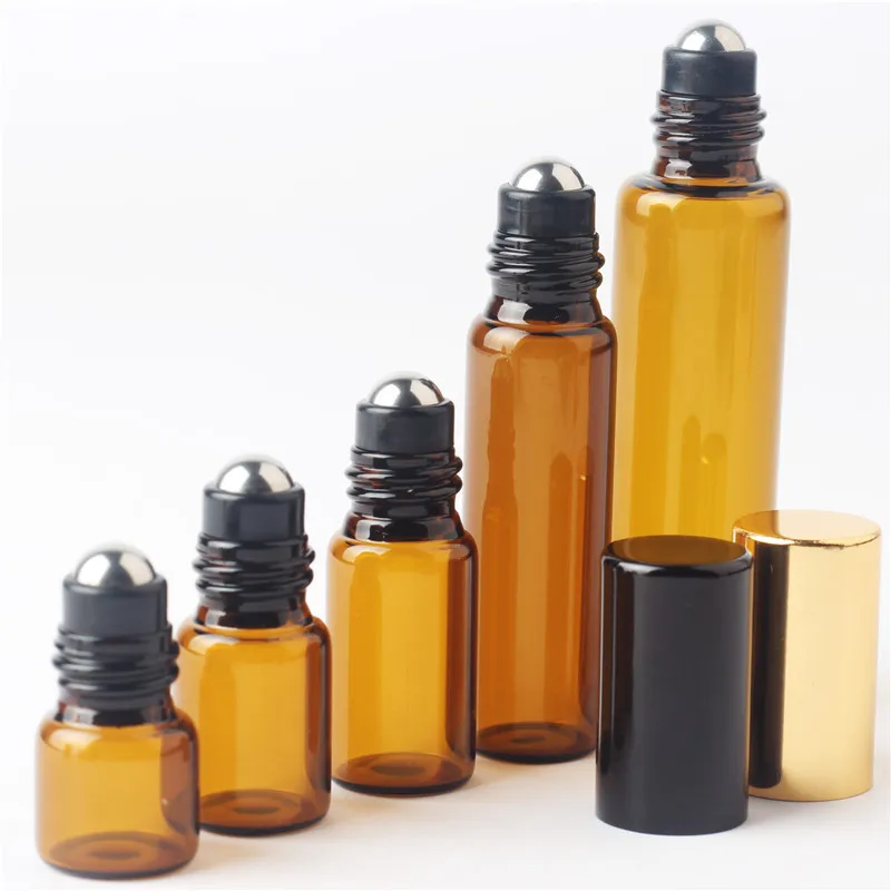 

1pcs 1ml 2ml 3ml 5ml 10ml Amber Roll Glass On Roller Bottle With Stainless Steel For Essential Oils Refillable Perfume Bottle