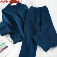alphalmoda casual plain knitting suit women split t shirt loose sweater top haren trousers casual 2pcs lounging suit 4colors