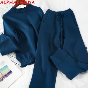 Женский Повседневный вязаный костюм ALPHALMODA, футболка с разрезом, свободный свитер, шаровары, брюки, 4 цвета