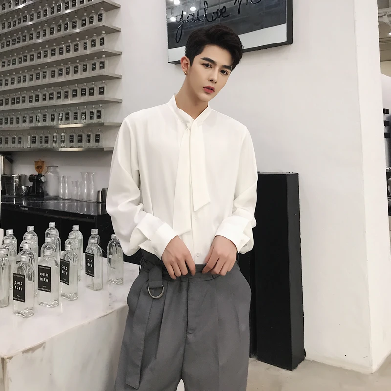 

Couple Clothing Men Women Shirts Long Sleeve Shirt Men Fashion Casual Bow Tie Collar Chiffon Long Sleeve Shirt Male B70