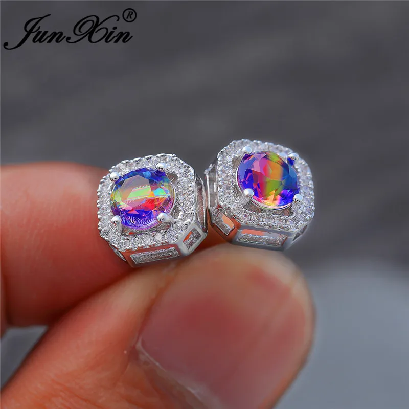 Мистик Радуга Кристалл квадратные серьги-гвоздики для женщин белого золота
