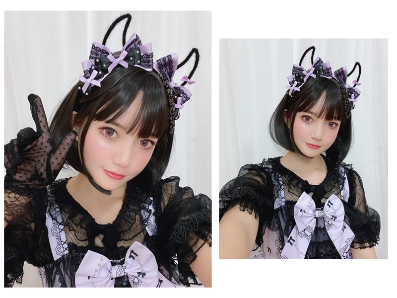 

Black Sweet Devil Girl KC Hair Band Lolita Cosplay Gothic Style Punk Vintage Cute Bow Bead Chain Halloween Headband Headwea