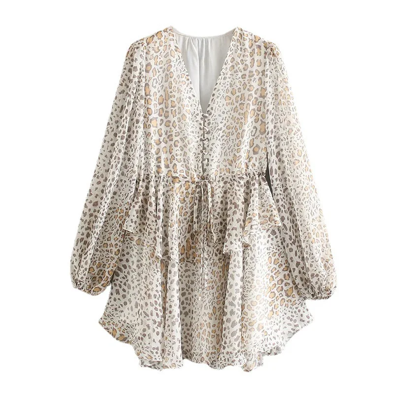 

V-neck leopard long sleeve summer vintage sexy zaraing-style za 2021 women sheining lolita kawaii Y2K robe party dress