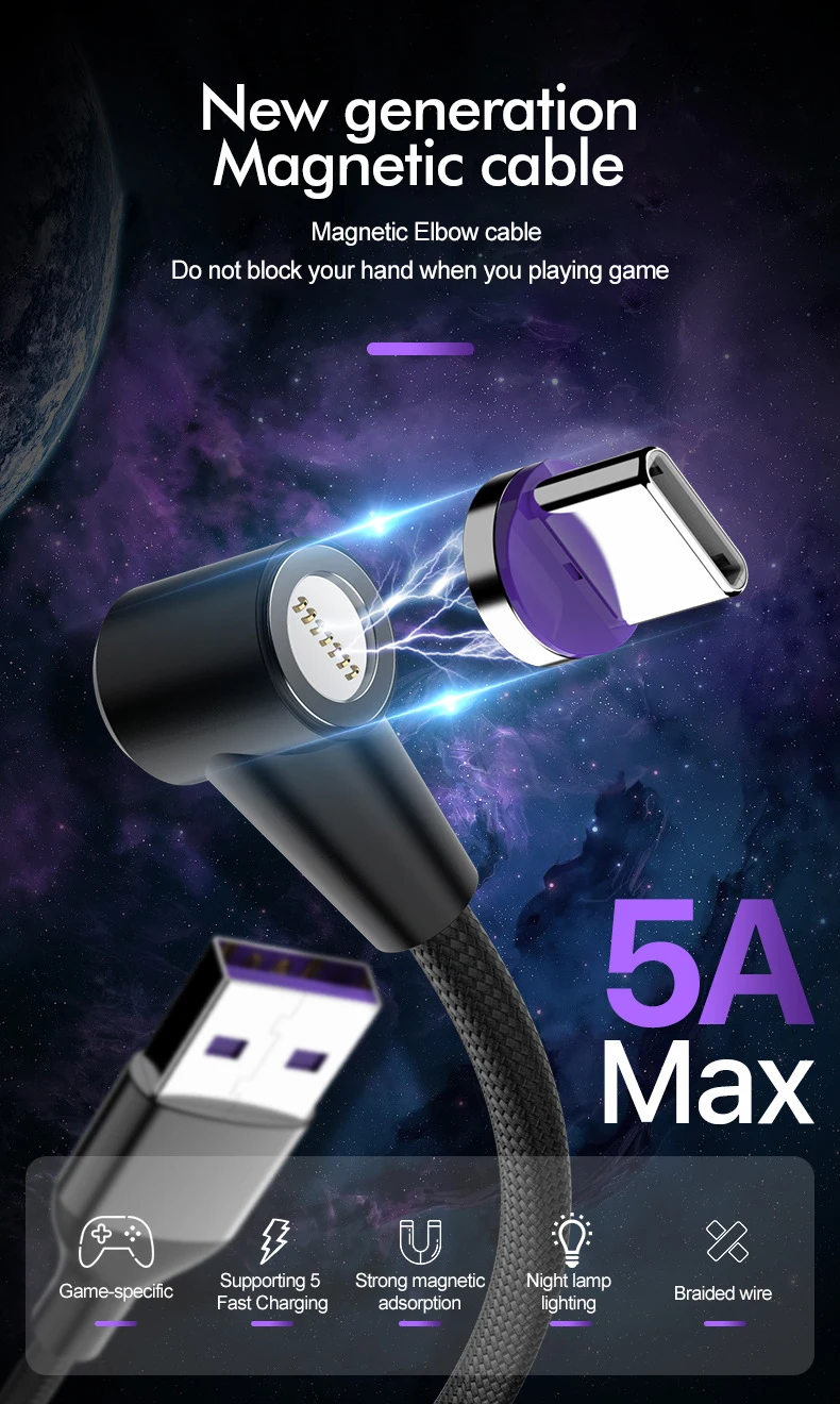 ROCK 5A Магнитный кабель Micro usb type C адаптер Шнур 90 градусов локоть быстрое зарядное устройство светильник ing светодиодный светильник для передачи данных для iPhone samsung