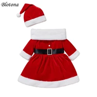 blotona little girls christmas party flannel clothes contrast color long sleeve high waist square collar dresshat scarf 6m 4y