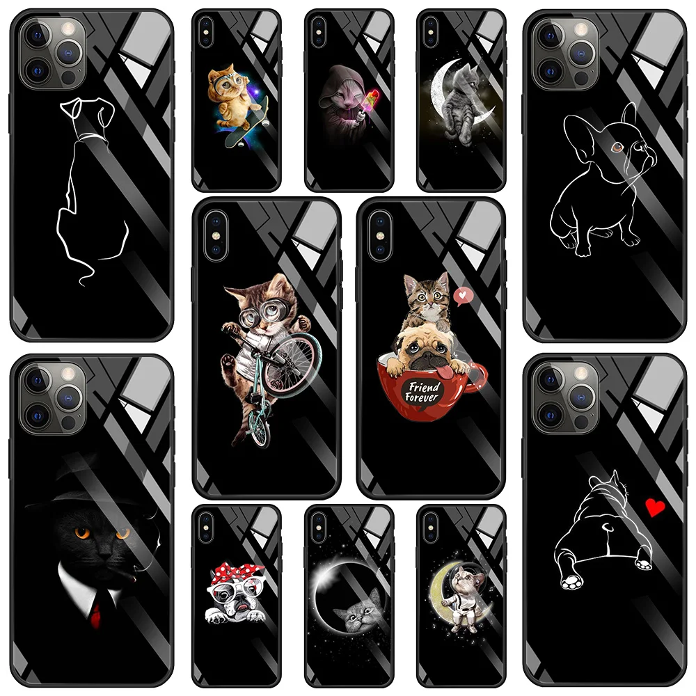 

Tempered Glass Case For iPhone 13 12 11 Pro Max 12Mini X XR XS Max 8 7 6s Plus SE 2020 Silicone Cover Phone Shell French Bulldog