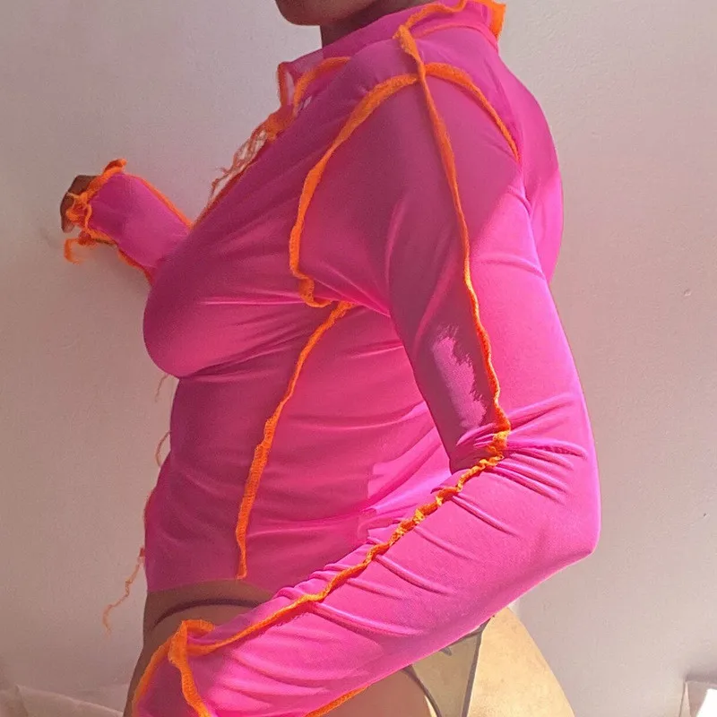 

Mesh See Through Neon Pink Women Crop Tops Long Sleeve Sexy Hot Patchwork T Shirts V Neck Party Club Fashion 2020 Tees