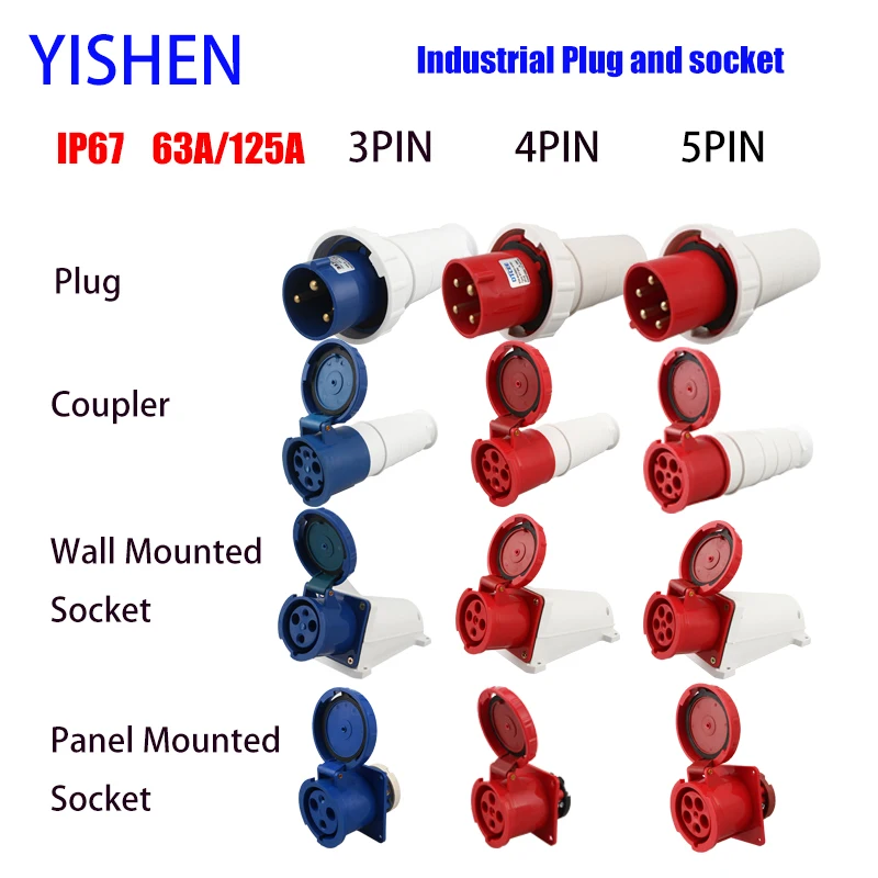 

Industrial Plug and Socket 63A 125A 3 Pin 4 Pole 5 PIN IP67 Wall Mounted Socket Panel Mounted Coupler Waterproof 220V 380V 415V