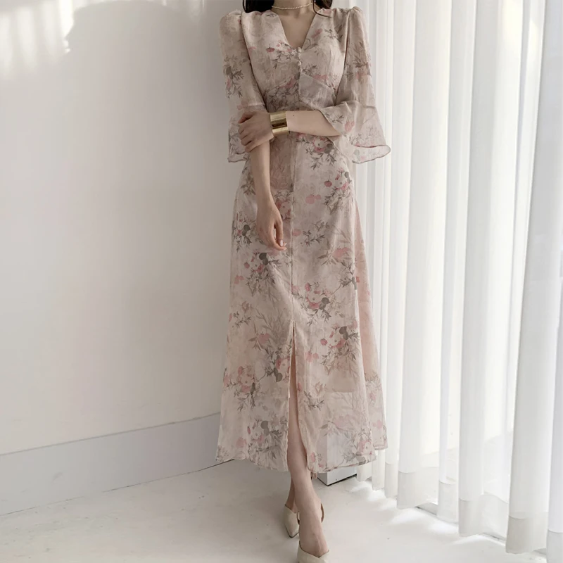

Chic Summer Women Print Midi Chiffon Dress Slim Elegant Bandage Dress Elegant Runway Dresses Vestido
