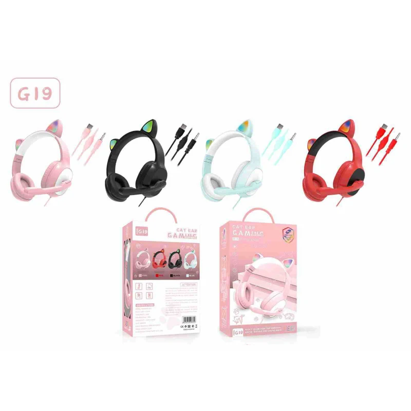 

New Product G19 Pink Cat Ear Cute Girl Gaming Headset With Mic ENC Noise Reduction HiFi 7.1 Channel RGB Wired Headphone Gift