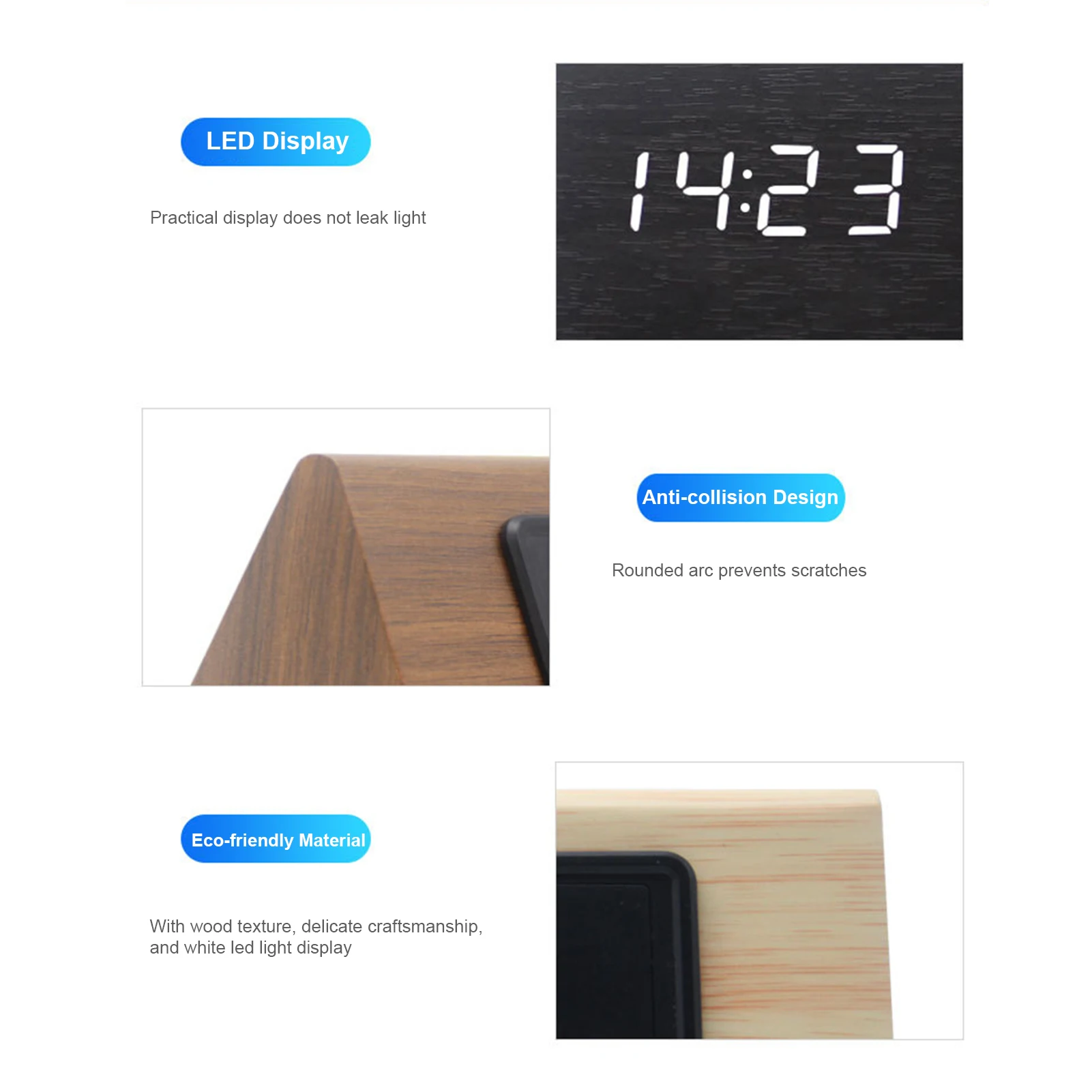 

LED Wood Digital Alarm with Day Date Temperature Humidity 3 Brightness Voice Control Indoor Thermometer Hygrometer