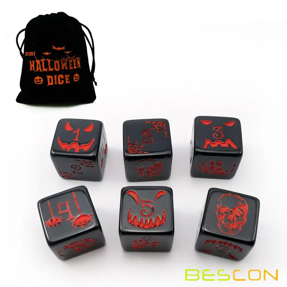 Bescon-Juego de 6 dados de Halloween, 6 lados en negro s&oacute;lido, juego de dados de Halloween de 6 caras en bolsa de terciopelo-1