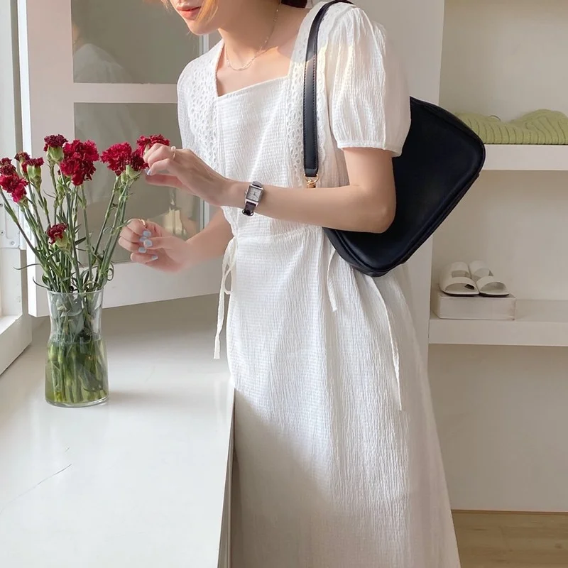 

Korejpaa Women Dress 2021 Summer Korea Elegant Square Collar Hollow Lace Stitching Tie Waist Slim Short Sleeve Vestido Female