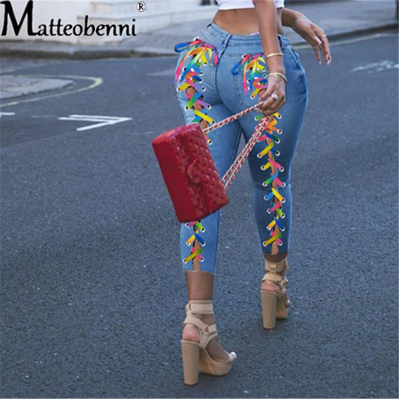 

2021 New Women Jeans Criss-Cross Lace Up Hole Sheath Elastic High Waist Long Pencil Denim Pants Fashion High Street Trousers