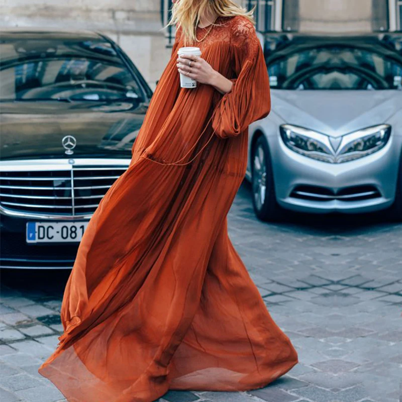 

Brown O Neck Loose Elegant Women Dress Lace High Waist Patchwork Pleated Autumn Dresses Streetwear Mesh Dress Vestidos 2021