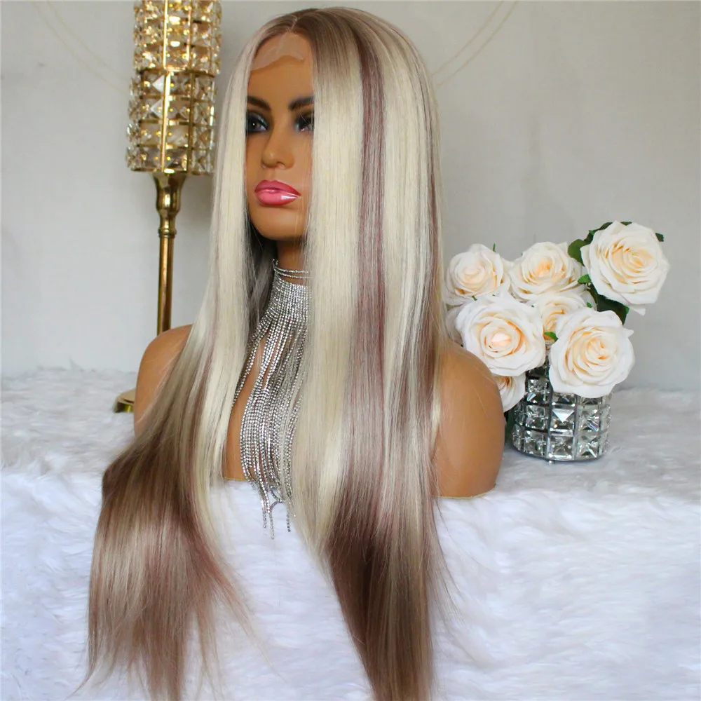 

Highlight Synthetic Lace Wigs Straight Hair Brown and Blonde Mixed Colored Wigs for Women 2x4'' Middle Part Lace Wigs 22"