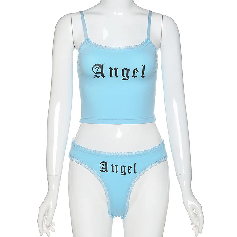 

Two Piece Set Angel Print Lace Women Shorts Set Crop Top Camisole Outfit Summer Brief Underwear Beach Club Tops