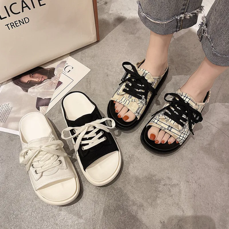 

Slippers Casual Shoes Woman 2021 Pantofle Lady Platform Med Luxury New Flat Girl Soft Slides Fashion Canvas Rome Fabric Basic PU