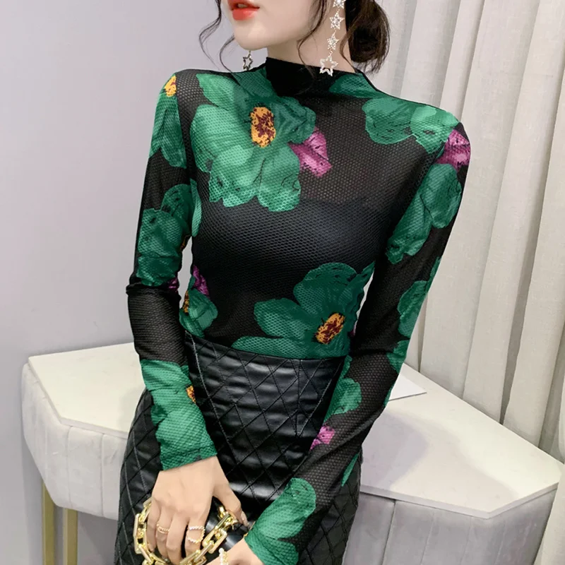 #5777 Floral Printed Mesh T Shirt Women Casual Vintage Sexy Long Sleeve Tight Thin Women's T-shirt Turtleneck Top Female Black