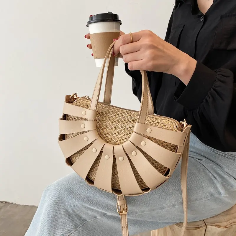 

Straw Semicircle Design Small Tote Bags for Women 2021 Summer Lady Beach Shoulder Crossbody Simple Bag Female Travel Handbags