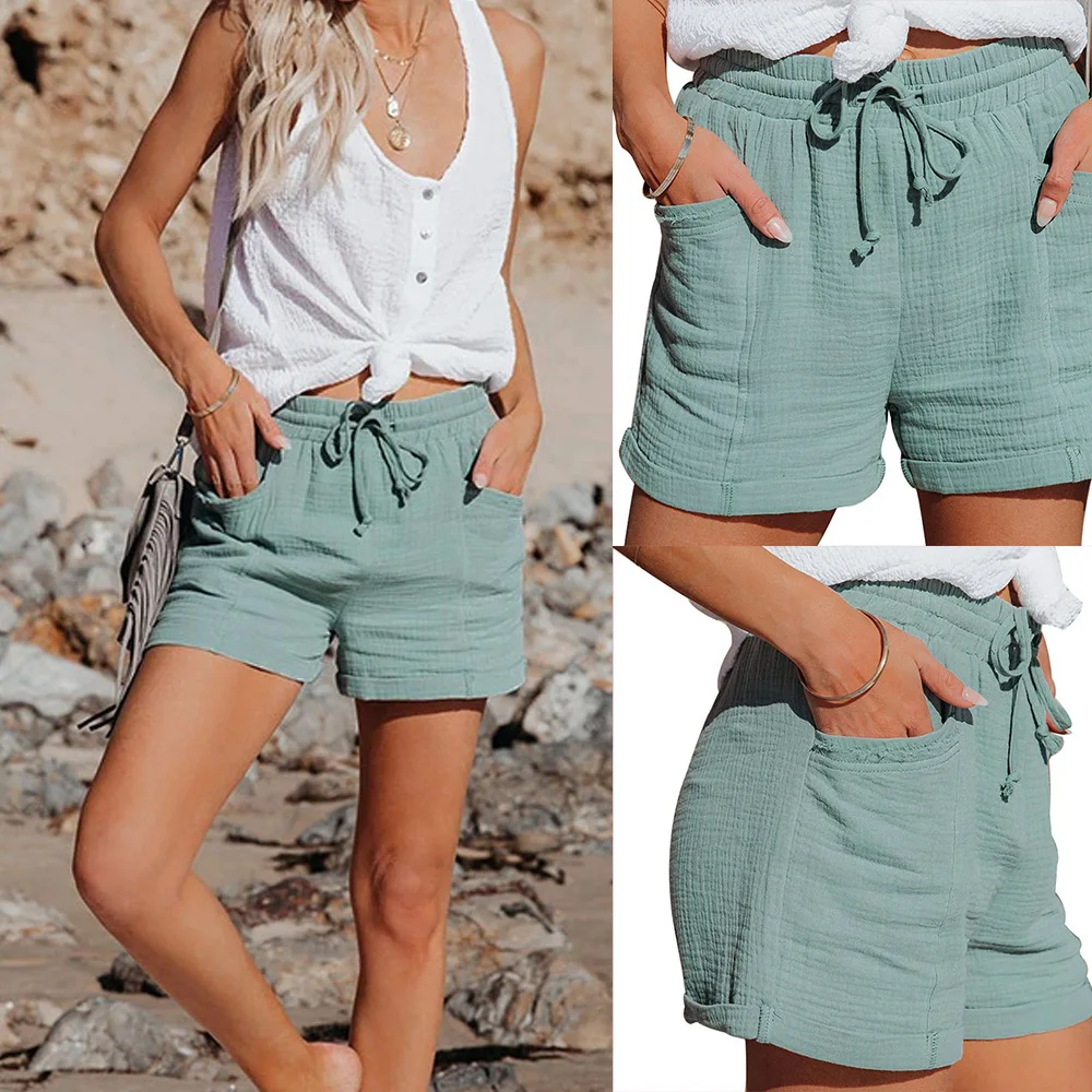 

2021 New Hot Summer Casual Linen Shorts Women Solid Home High Waist Short Trousers Fashion Drawstring Streetwear Short Pants D30