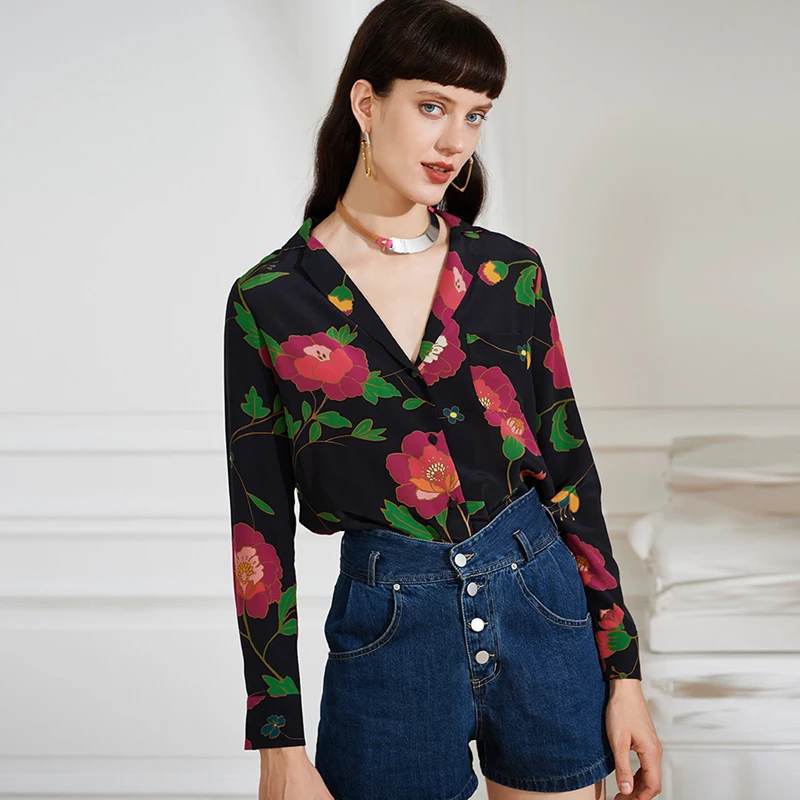 100% Silk Blouse Women Shirt Casual Style Flower Printed Turn-down Collar Long Sleeves Pocket Plus Size New Fashion