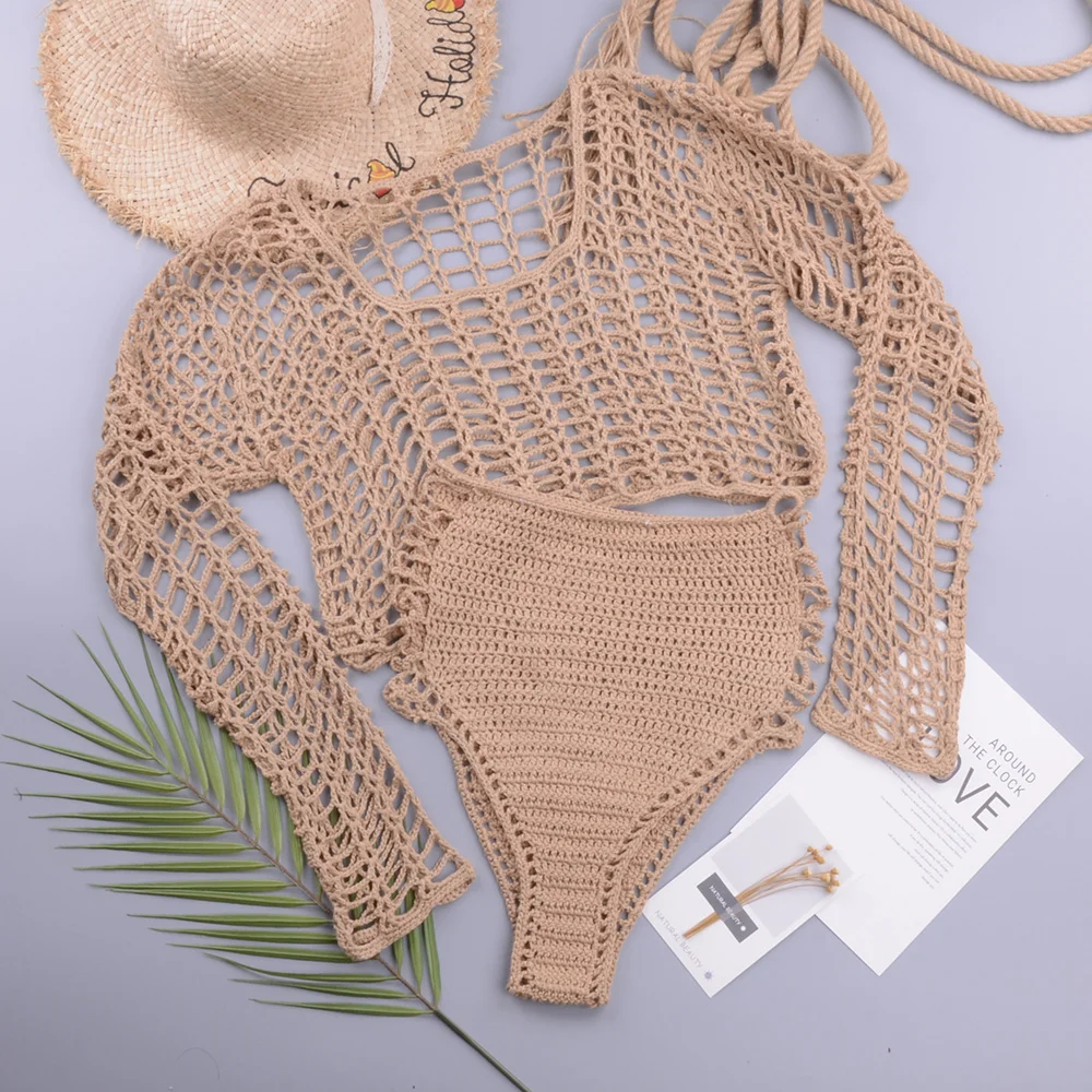

Swimsuit Female Bikini Crochet Beach Split Swimsuit Fishnet Hollow Out Mesh Bikini Cover Up Long Sleeve Boho Beachwear