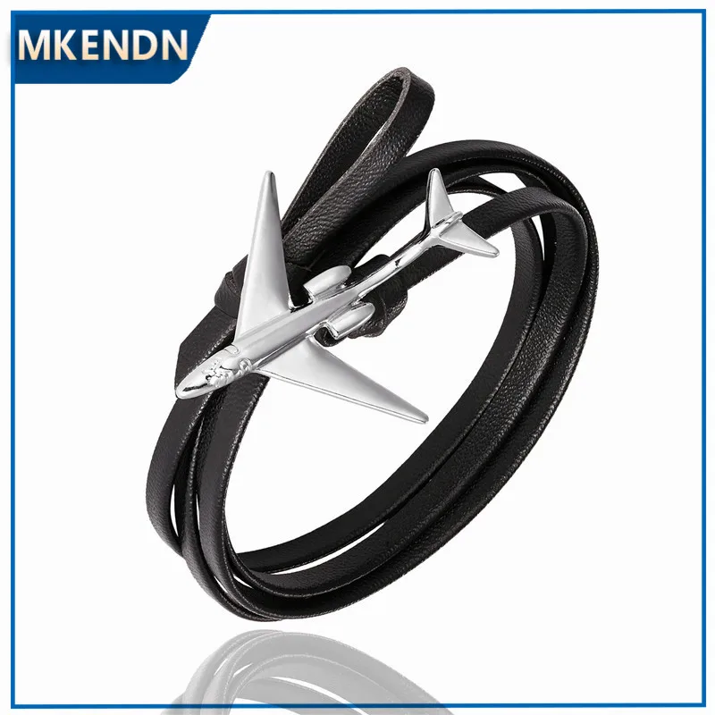 

MKENDN New Fashion Multilayer charm leather Airplane Anchor Bracelet Men Women Navy Style Wrap Metal Sport Hooks