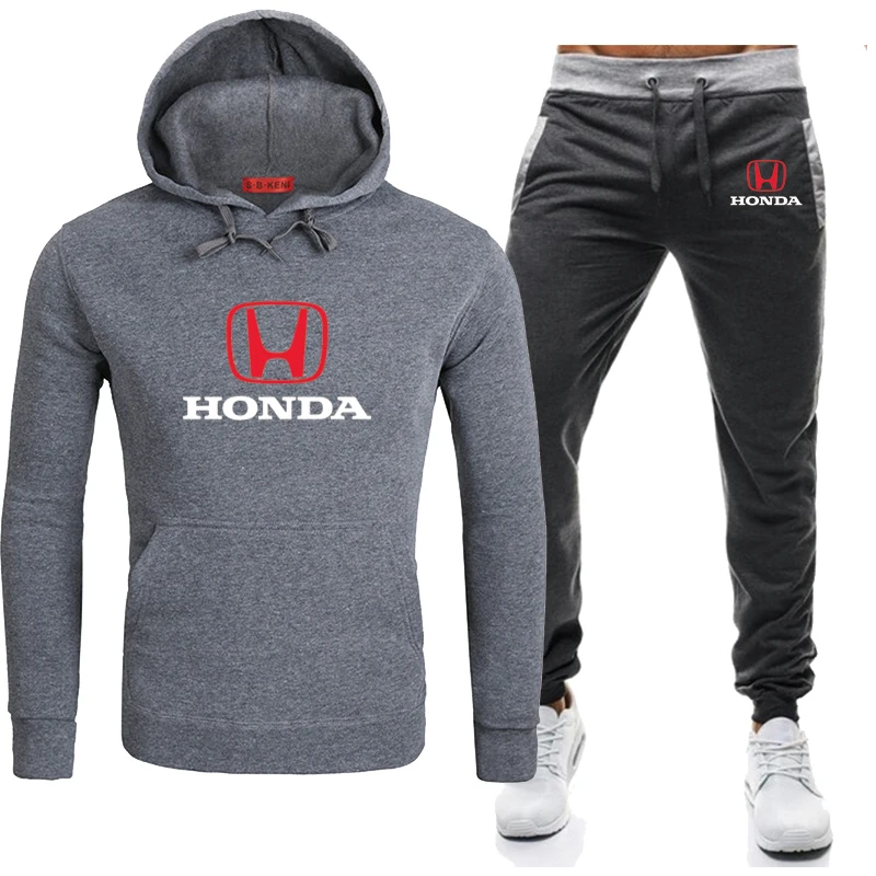 

Fashion casual Men's pullover HONDA Car Logo printing Spring Autumn Cotton High Quality Men's Hooded + Pants 2-Piece Set