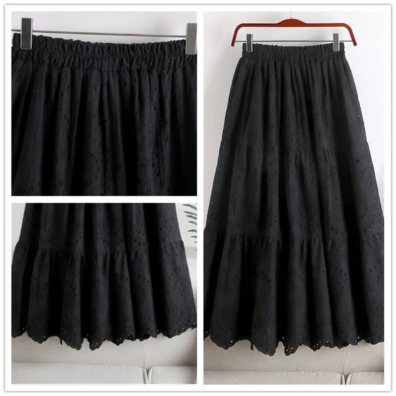 

2021 New Summer Women Vintage High Waist Elastic Sexy Long Skirts Chic Solid Hollowed Out Embroidery A-line Skirt for Girls Z235