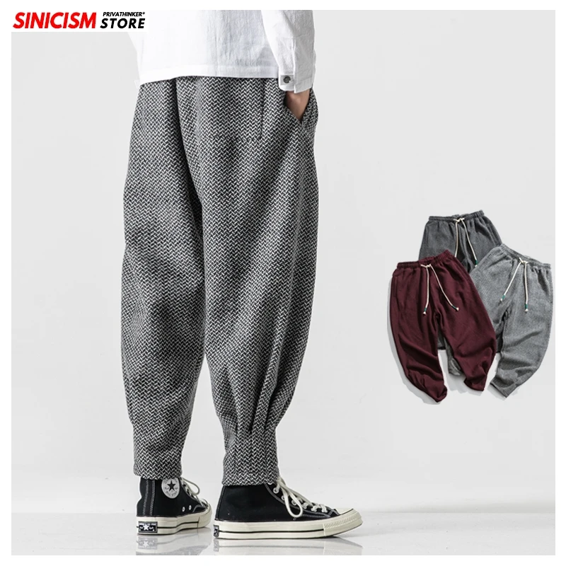 Sinicism Store мужские зимние утепленные шерстяные штаны-шаровары, мужские теплые широкие брюки в китайском стиле, мужские, японские повседневные клетчатые брюки
