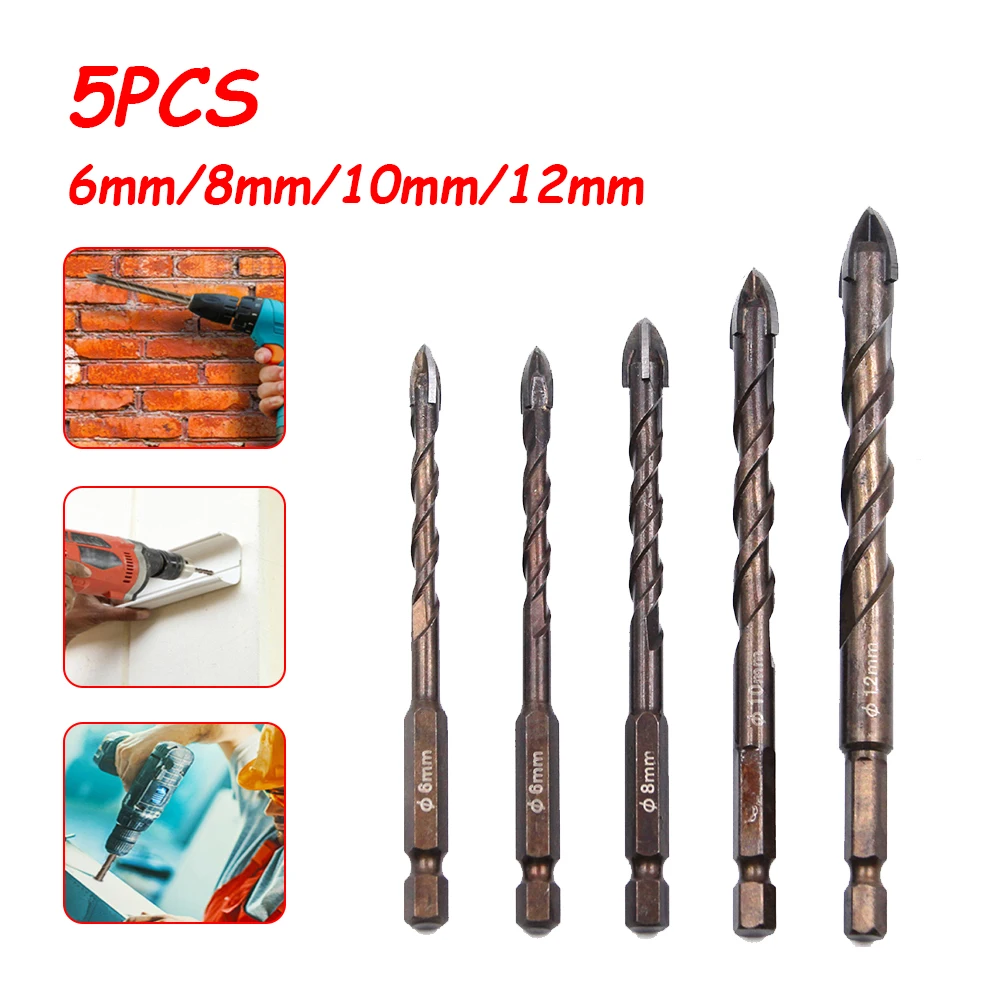 

5PCS Cross Hex Tile Drill Bits Set 6-12mm for Glass Ceramic Concrete Hole Opener Brick Hard Alloy Triangle Bit Tool Kit