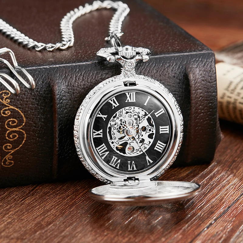 Roman Numeral Doctor Clip Mechanical Pocket Watch Sliver Engrave Skeleton Dial Male Fob Chain Clock for Men Women Dropshipping