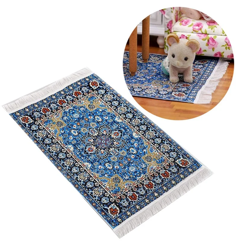 

1:12 Doll House Miniature Carpet Imported Carpet Toy Blue Star Mat Embroidery Carpet Weaving Floral Carpet for Living Room Doll