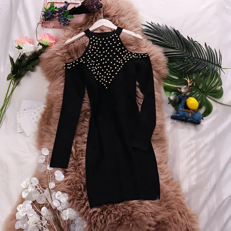 HISUMA весна 2020 новое женское платье с круглым вырезом бусинами длинным рукавом