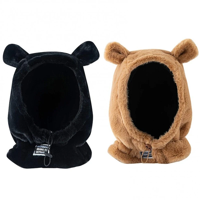 

Cute Bear Ear Hat Solid Color Windproof Warm Neck Scarf Hat with Drawstring Ear Protect Female for Snowboard Motorcycle