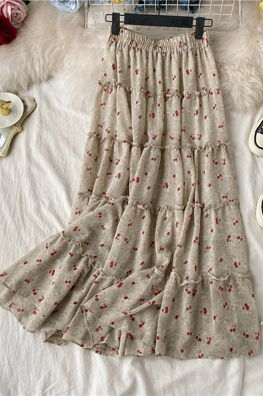 

Woman skirts Elastic waist Soft Vintage Mid-Calf Floral Korean Femme Skirt