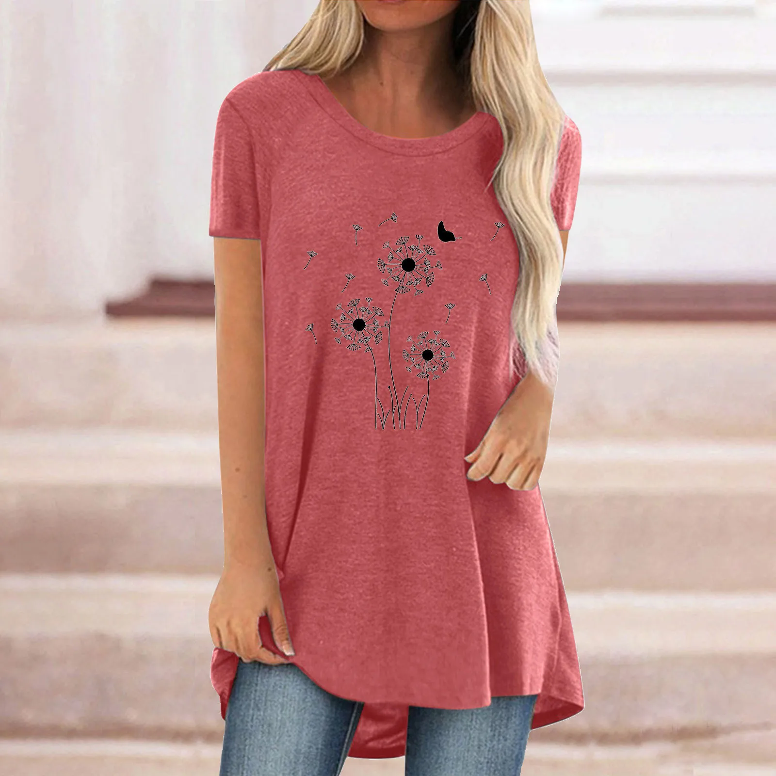 

Top Fashion Women Summer Printed Dandelion O-Neck T-Shirt Short Sleeve Casual Tee Tops Ladies T Shirt camisetas de mujer
