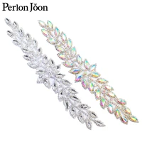 1pcs ab rhinestone leaves patch crystal long applique plating sliver sew on wedding dress decoration accessories yh c035