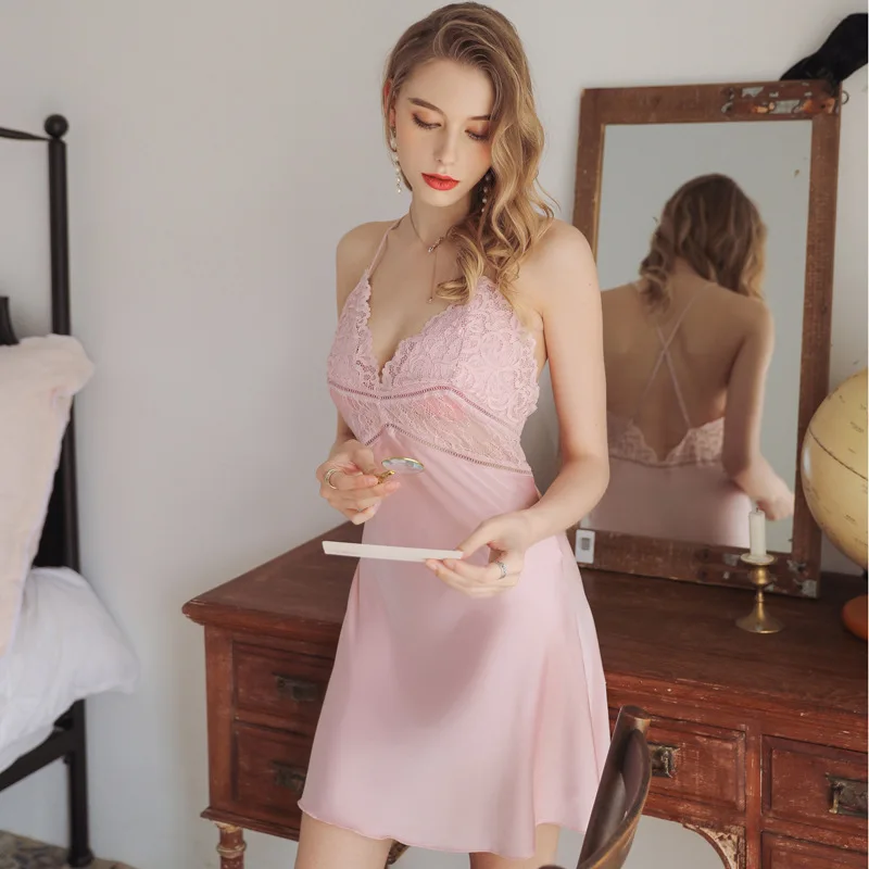 

Sexy Sleepwear Women Summer Spring Thin Section Lace Suspenders Nightdress Hollow Temptation Backless Solid Color Shooting Photo