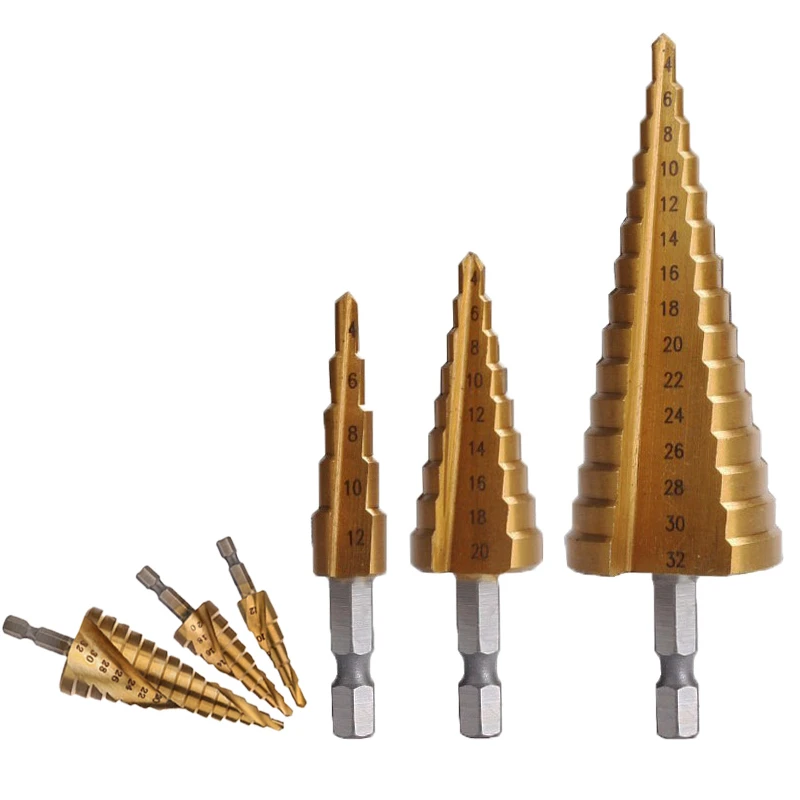 

Realmote 3-12/4-12/4-20/4-32 HSS Titanium Stepped Drill Bits Hex Hank Hole Saw Carpenter Tools For Metal Drilling